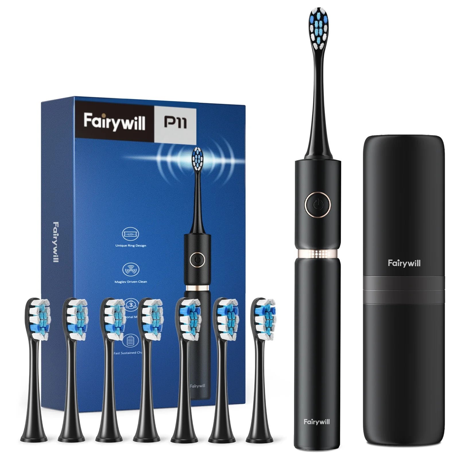 FAIRYWILL ULTRASONIC ELECTRIC TOOTHBRUSH WITH 8 BRUSH HEADS & TRAVEL CASE BLACK  P11