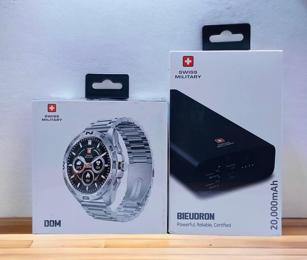 SWISS MILITARY DOM WATCH SILVER + SWISS MILITARY BIEUDRON 20000MAH POWER BANK BUNDLE