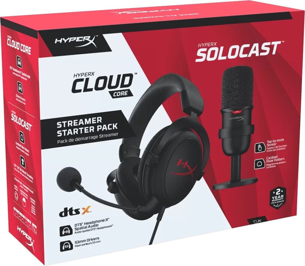 HYPERX STREAMER STARTER PACK WITH SOLOCAST WIRED USB CONDENSOR MICROPHONE AND CLOUD CORE WIRED 7.1 SURROUND SOUND GAMING HEADSET