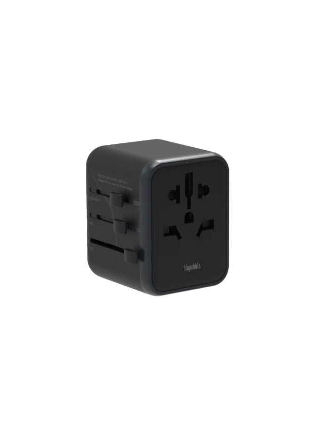 BLUPEBBLE PASSPORT THREE WORLD TRAVEL ADAPTER WITH USB-C AND USB-A BP-TVL003-BK