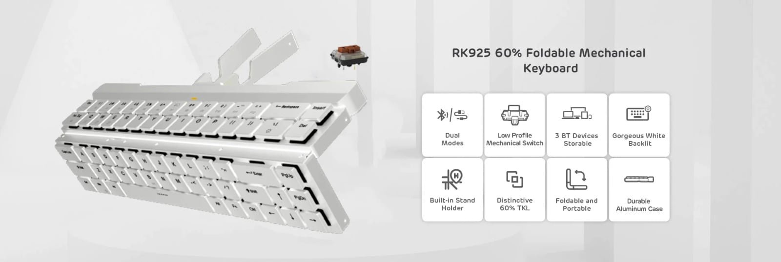 ROYAL KLUDGE GAMING KEYBOARD DUAL MODE SINGLE LIGHT NON HOT PLUG BROWN SWITCH WHITE RK925