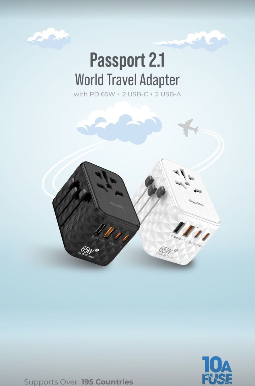 BLUPEBBLE PASSPORT 2.1 WORLD TRAVEL ADAPTER WITH PD 65W + 2 USB-C + 2USB-A