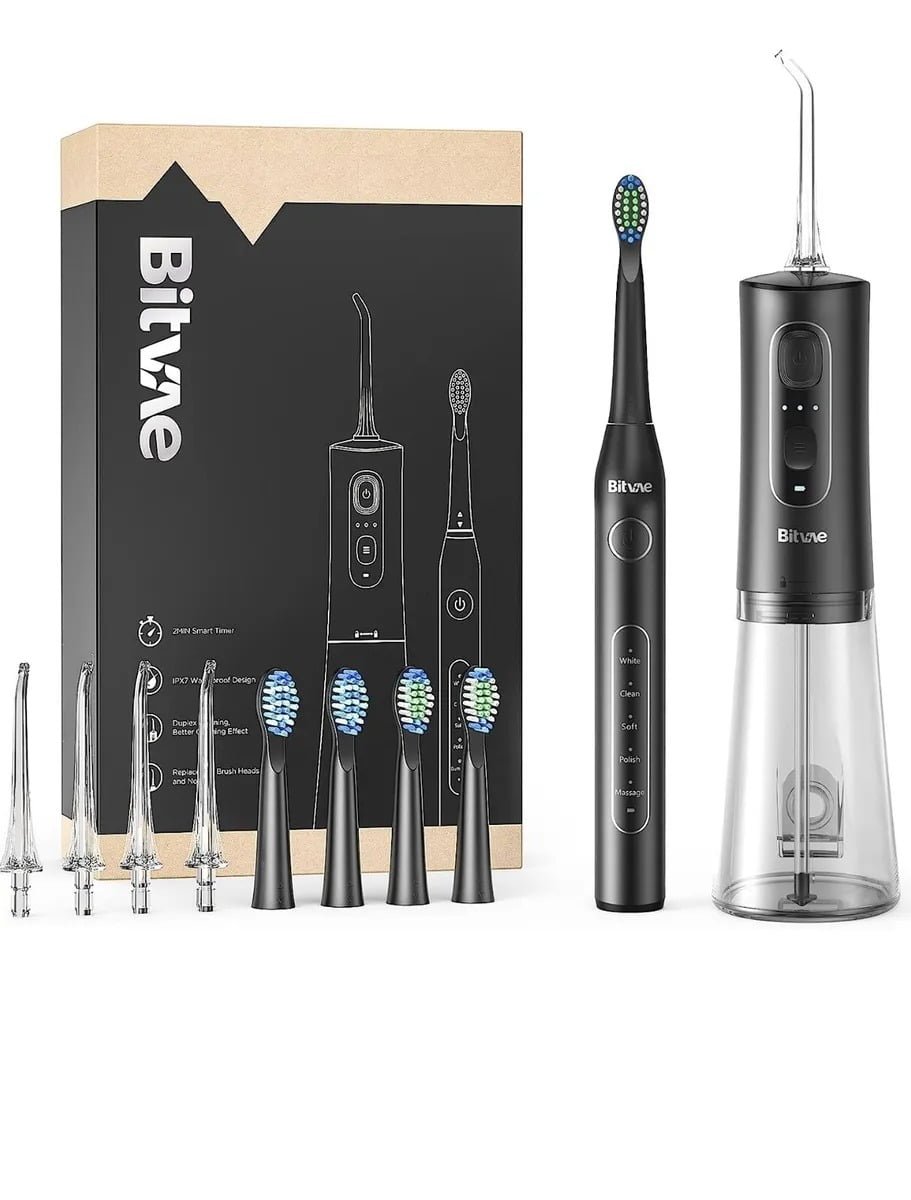 BIVATE TOOTHBRUSH + C2 WATER FLOSSER BUNDLE 4 HEADS + 4 NOZZLES BVD2 BLACK