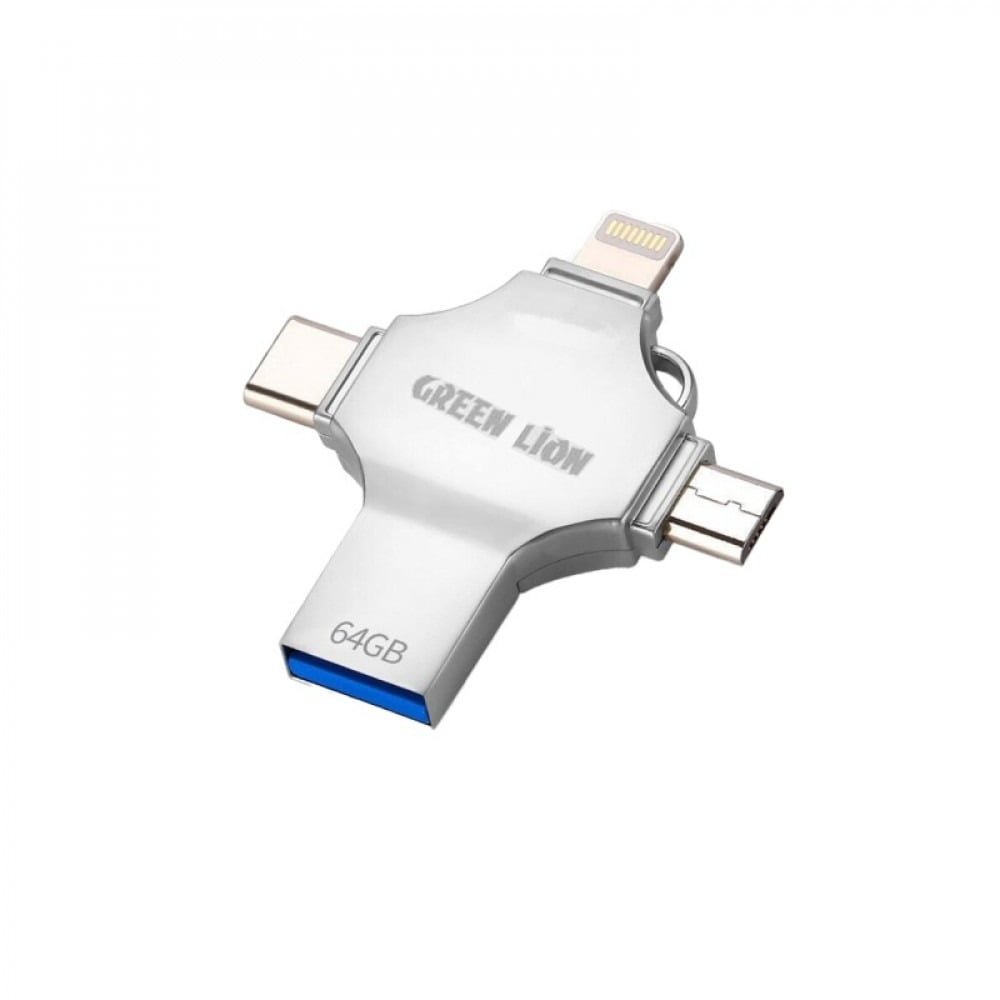 GREEN LION 4 IN 1 USB FLASH DRIVE 64GB SILVER GN4IN1USB64SL