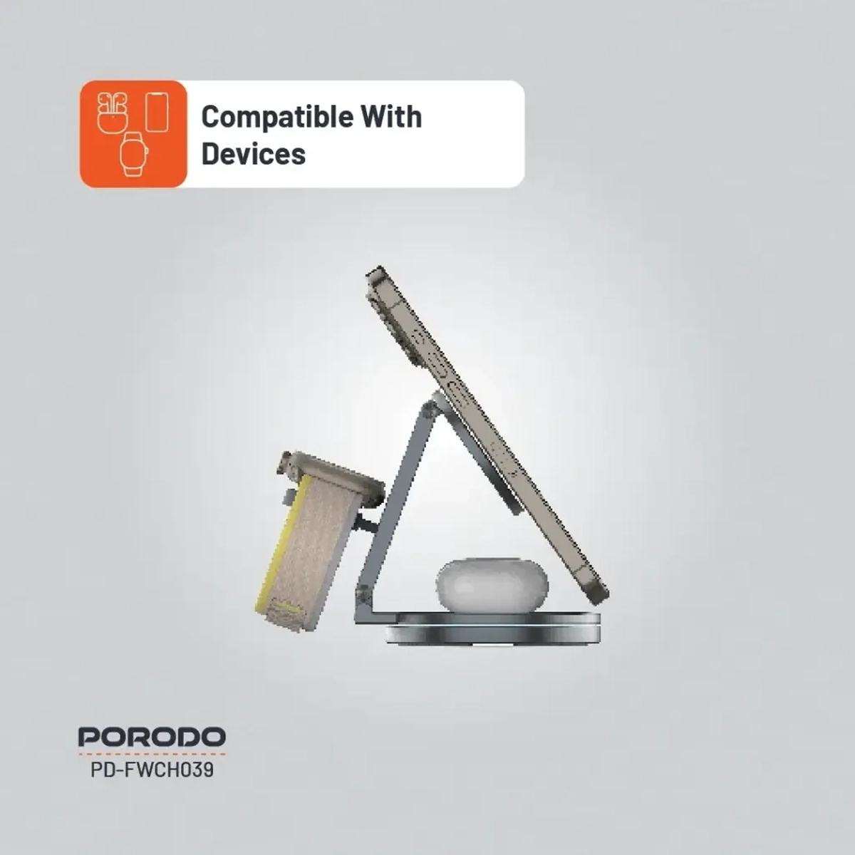 PORODO ROTATING BASE THREE DEVICE WIRELESS CHARGER GRAY PD-FWCH039-GY thumbnail 5