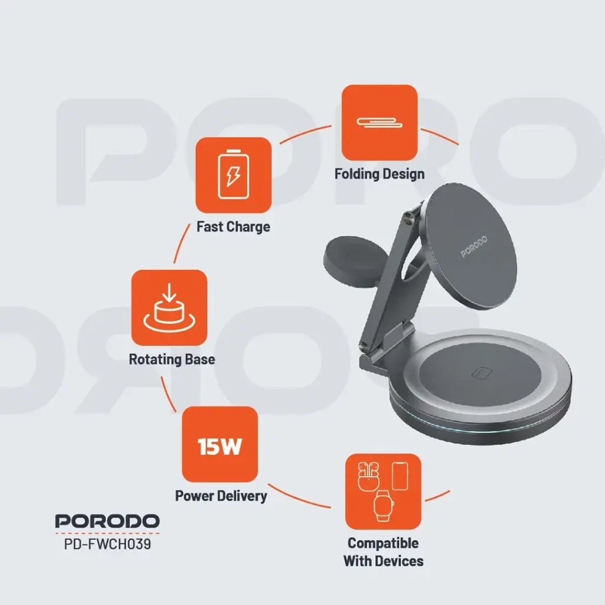 PORODO ROTATING BASE THREE DEVICE WIRELESS CHARGER GRAY PD-FWCH039-GY thumbnail 2