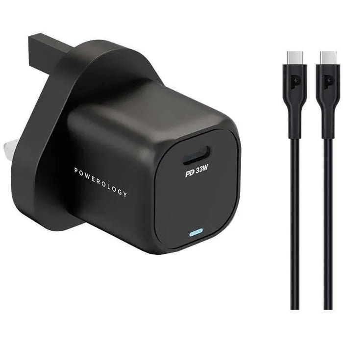 POWEROLOGY GAN PD CHARGER 33W WITH TYPE C TO TYPE C CABLE 1.2M BLACK PWCUQC009-BK