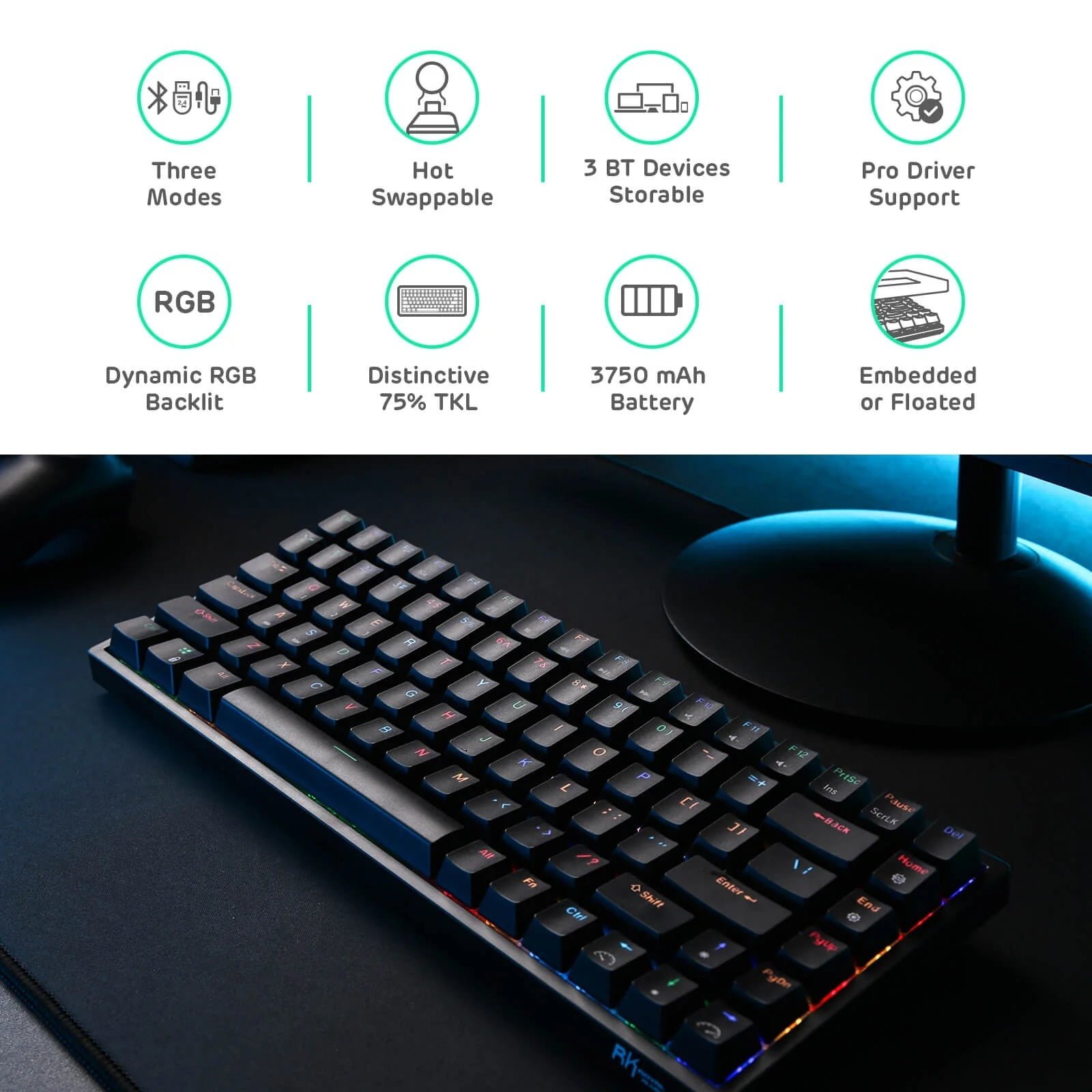 ROYAL KLUDGE GAMING KEYBOARD RGB TRI MODE HOT PLUG BROWN SWITCH BLACK RK84 thumbnail 4