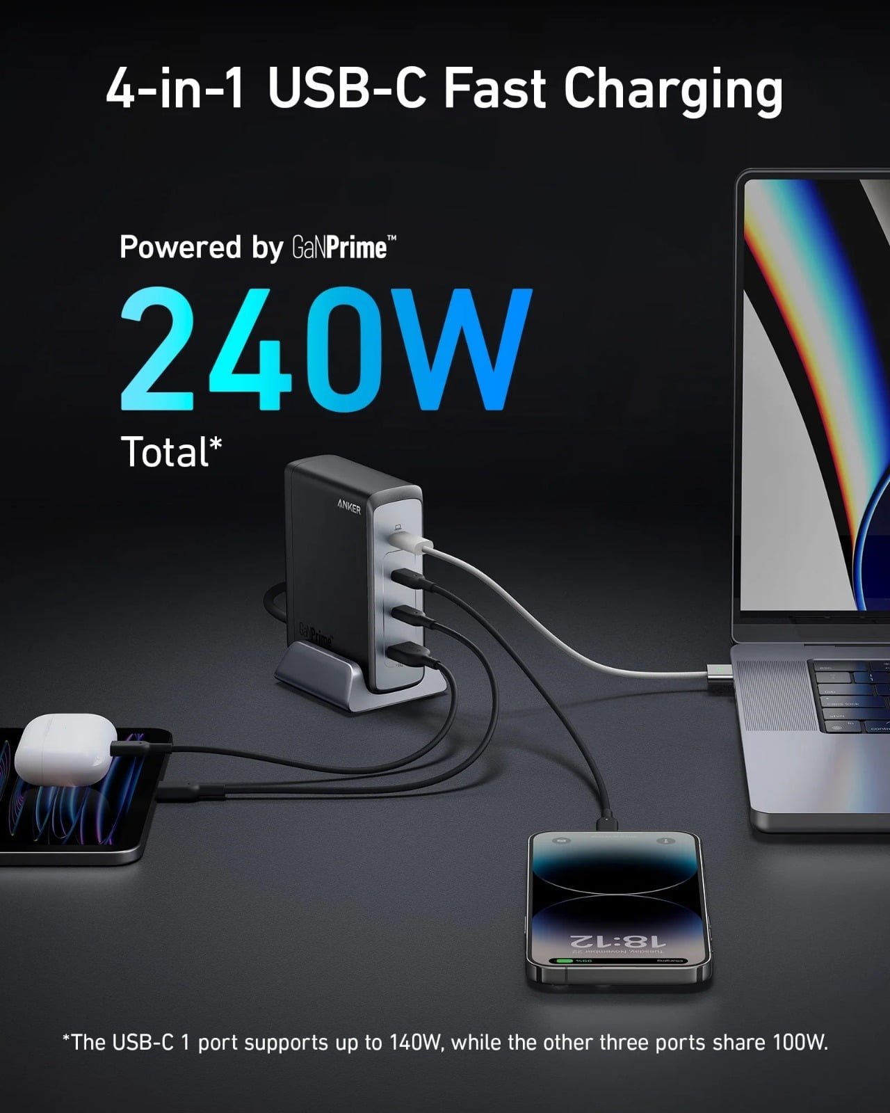 ANKER PRIME 240W GAN MULTI DEVICE DESKTOP CHARGER 4 PORTS A2342211 thumbnail 6