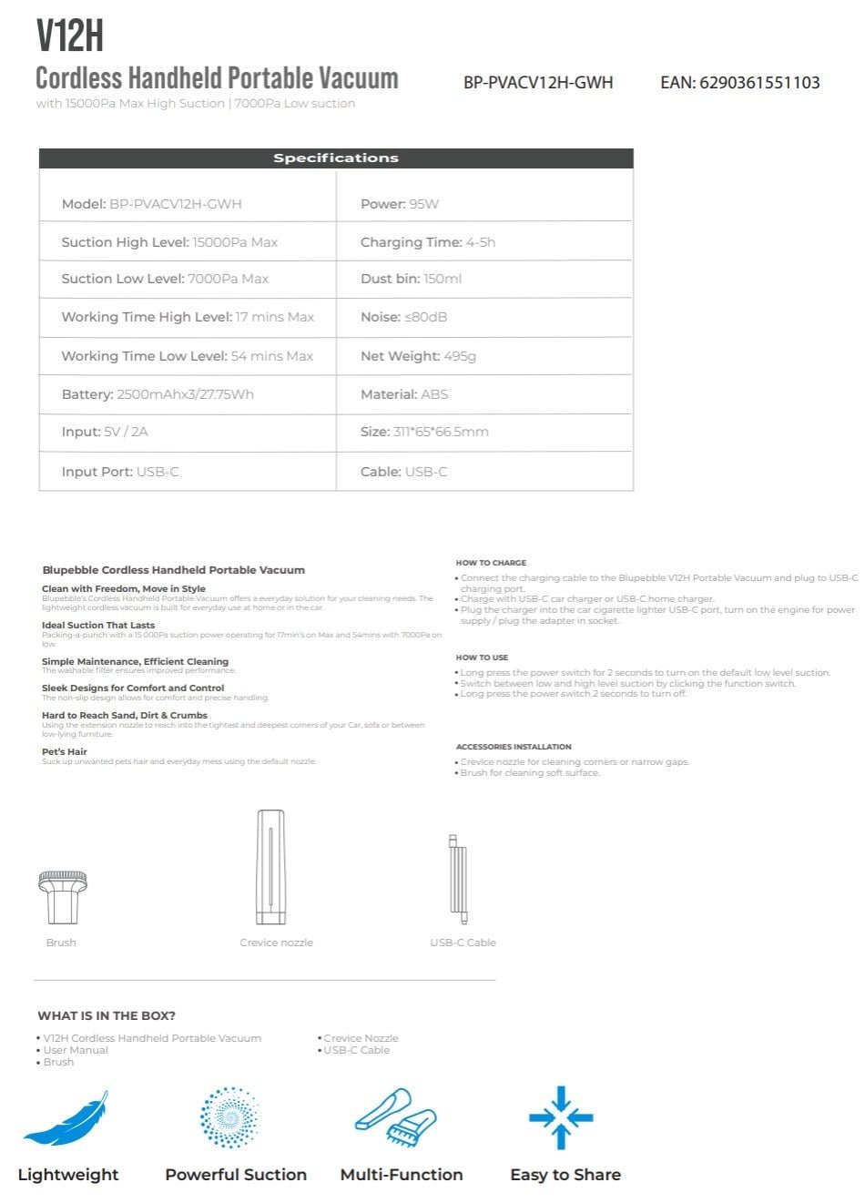 BLUPEBBLE CORDLESS HANDHELD PORTABLE VACUUM V12H WHITE BP-PVACV12H-GWH thumbnail 8