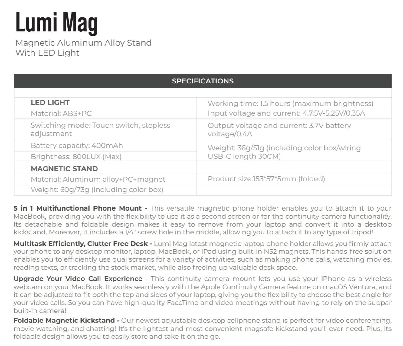 BLUPEBBLE LUMI MAG MAGNETIC ALUMINIUM ALLOY STAND WITH LED LIGHT GREY BP-LUMIMAG-GY thumbnail 3