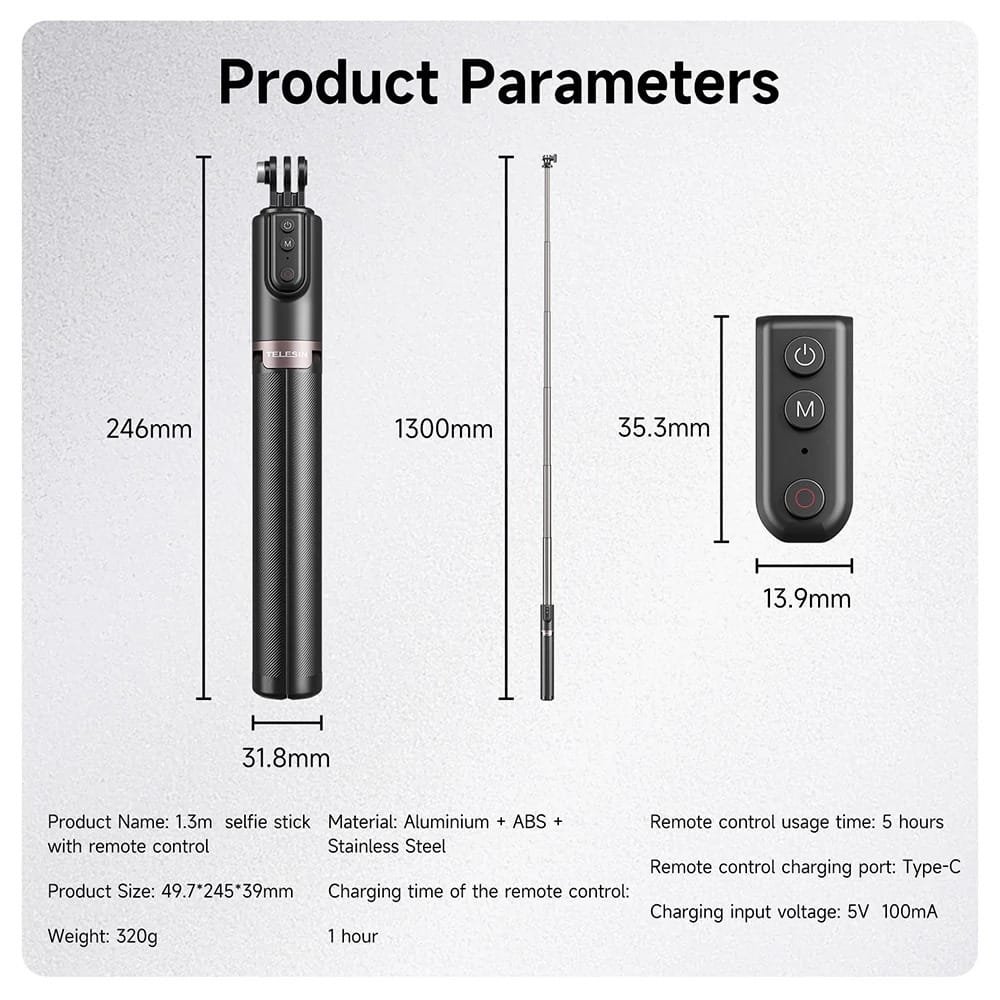 TELESIN Remote Selfie Stick with Tripod TE-RCSS-003: Capture the Perfect Shot Anywhere, Anytime thumbnail 3