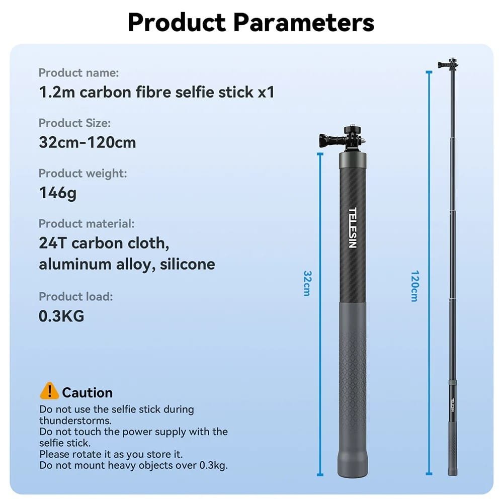 TELESIN 2nd Gen 1.2 Meter Carbon Tube Selfie Stick GP-MNP-002: Capture Stunning Selfies and Videos with Ease thumbnail 3