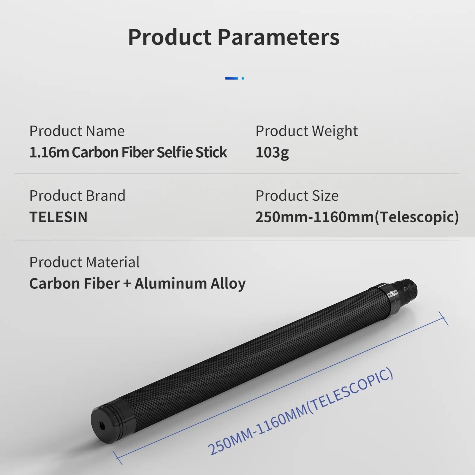 TELESIN Carbon Fiber Selfie Stick 1.16m TE-MNP-117: Capture Your Moments with Style and Durability thumbnail 3