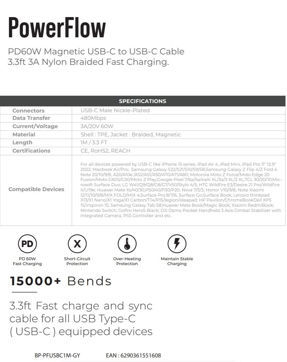 BluPebble PowerFlow Magnetic USB-C to USB-C Cable 3.3ft 60W 1-Meter Grey (BP-PFUSBC1M-GY) thumbnail 8