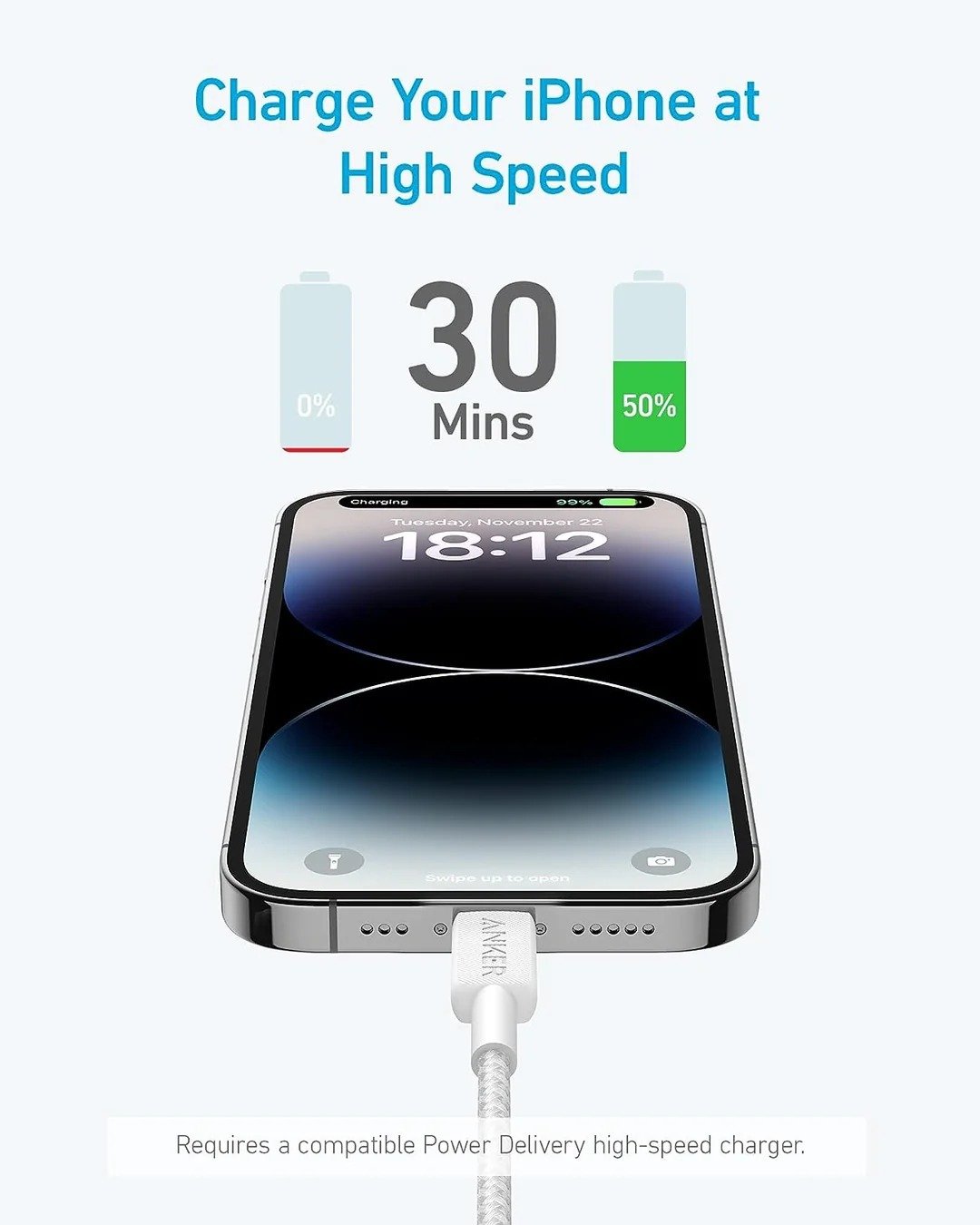 Anker 322 USB-C to Lightning Cable Braided 3F White A81B5H21 thumbnail 2