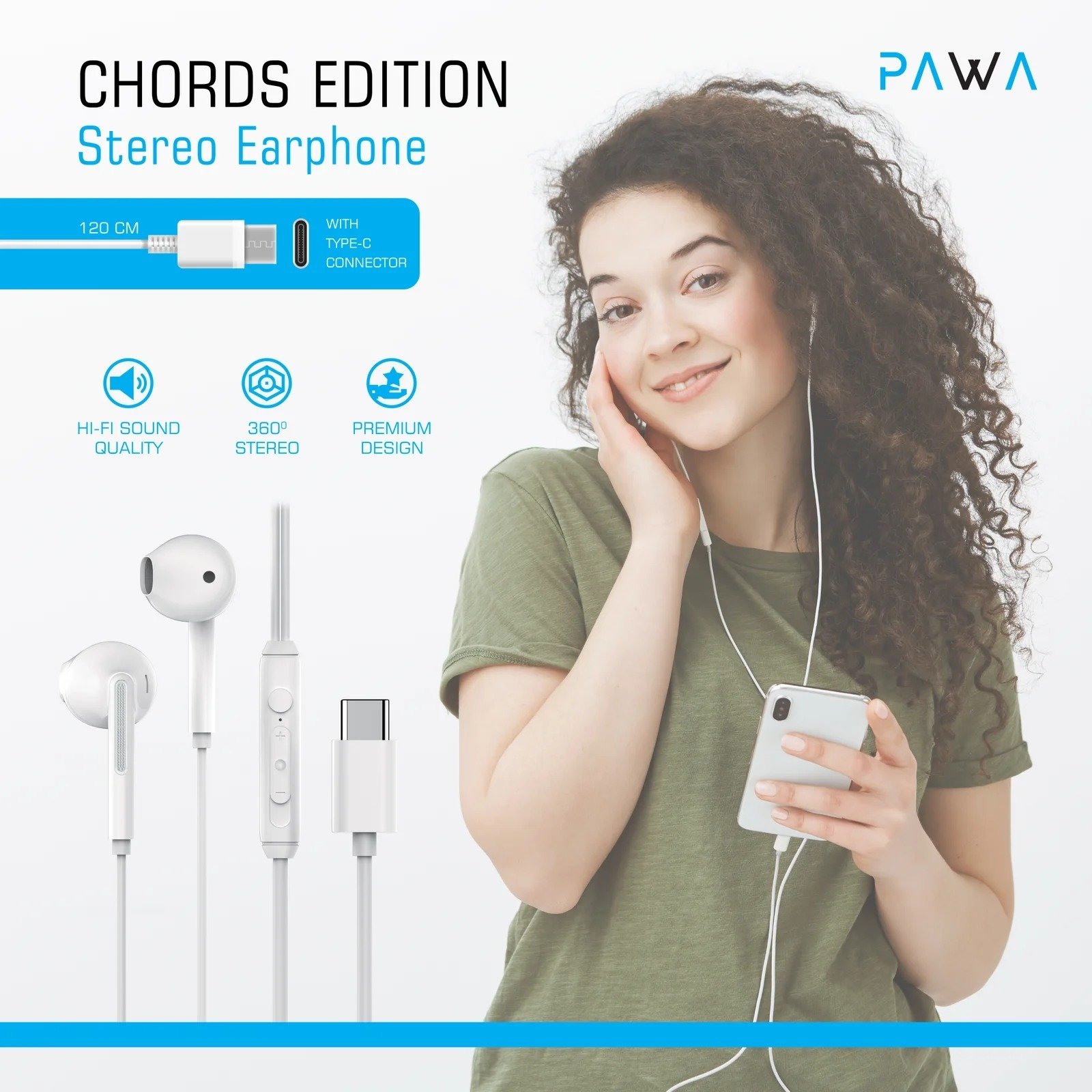 Pawa Chords Editions Stereo Earphone with Type-C Connector 3.5mm White PW-TCEP20 thumbnail 2