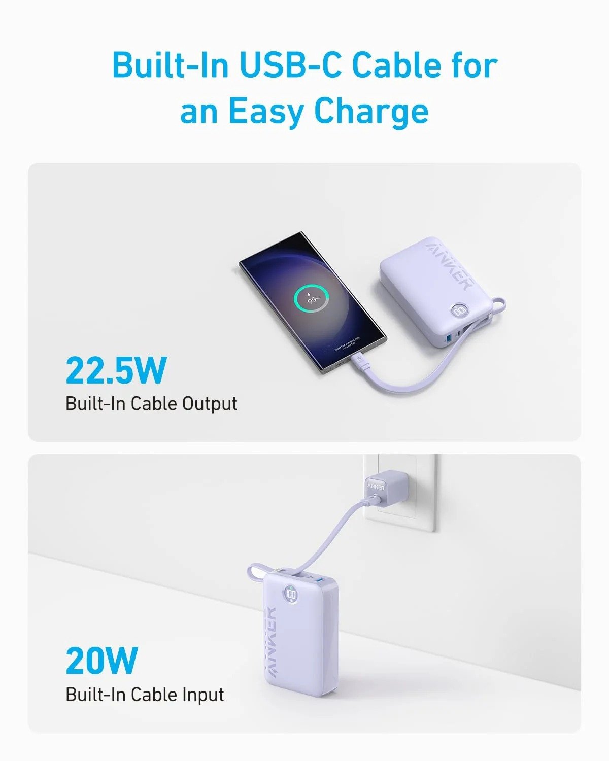 Anker PowerCore 335 20000mAh 22.5W Power Bank with Built-in USB-C Cable A1647HV1 thumbnail 2