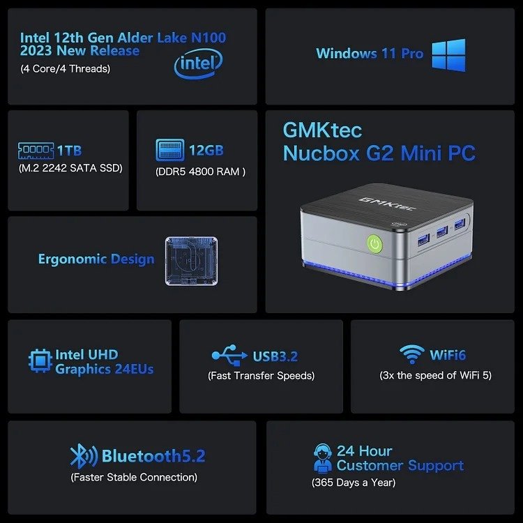 GMKtec Mini PC Intel N100 12th Gen - 12GB/512GB SSD, Win 11 Pro - NUCBox-G2 thumbnail 10
