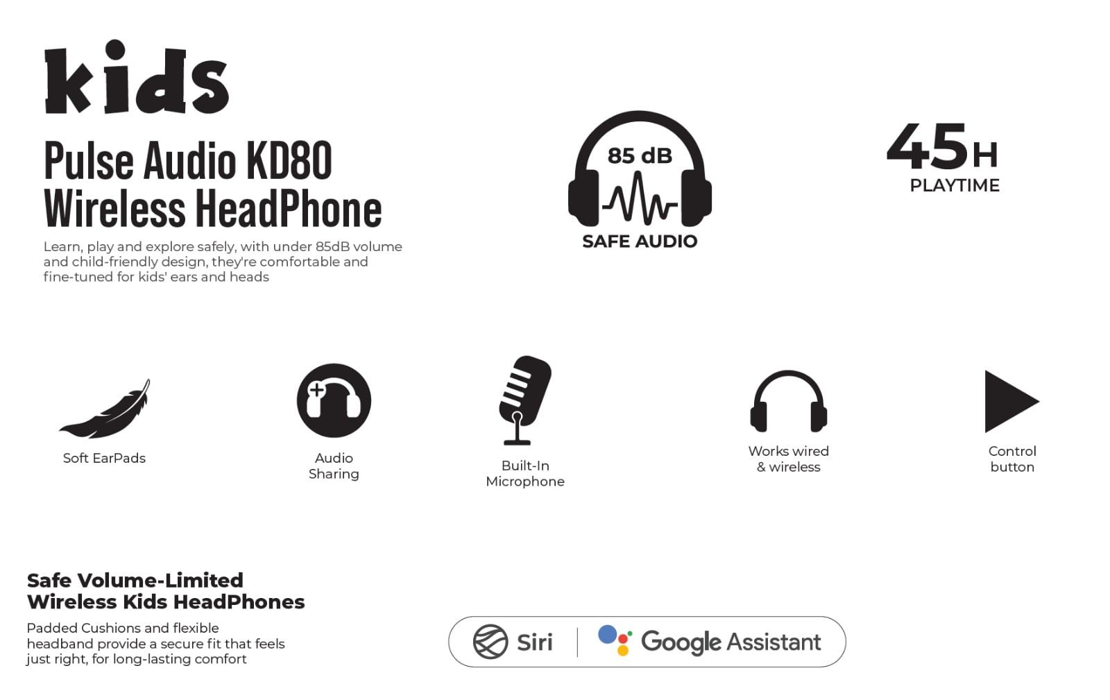 Bluepebble Kids Pulse Audio KD80 Wireless Headphones - Safe & Stylish BP-PAD80JNR thumbnail 12