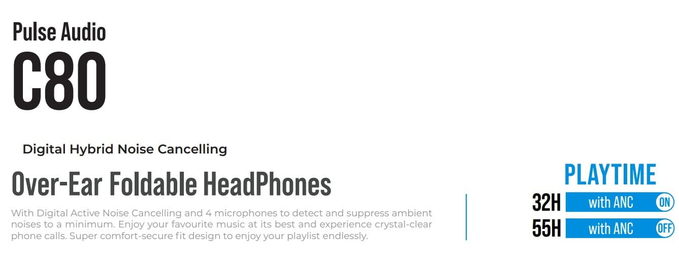 Bluepebble C80 Over-Ear Foldable Digital Hybrid Noise Cancelling Headphones - Black BP-PAC80ANC-BK thumbnail 10