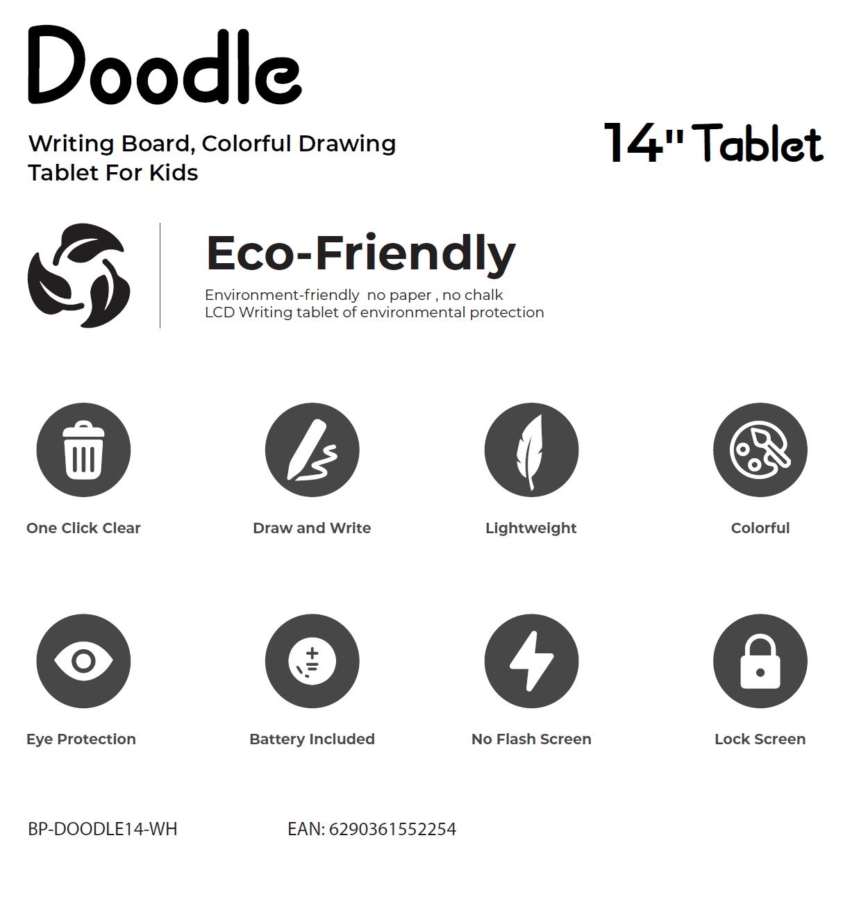 Bluepebble 14-Inch Tablet Doodle Writing & Drawing Board for Kids - White BP-DOODLE14-WH thumbnail 3