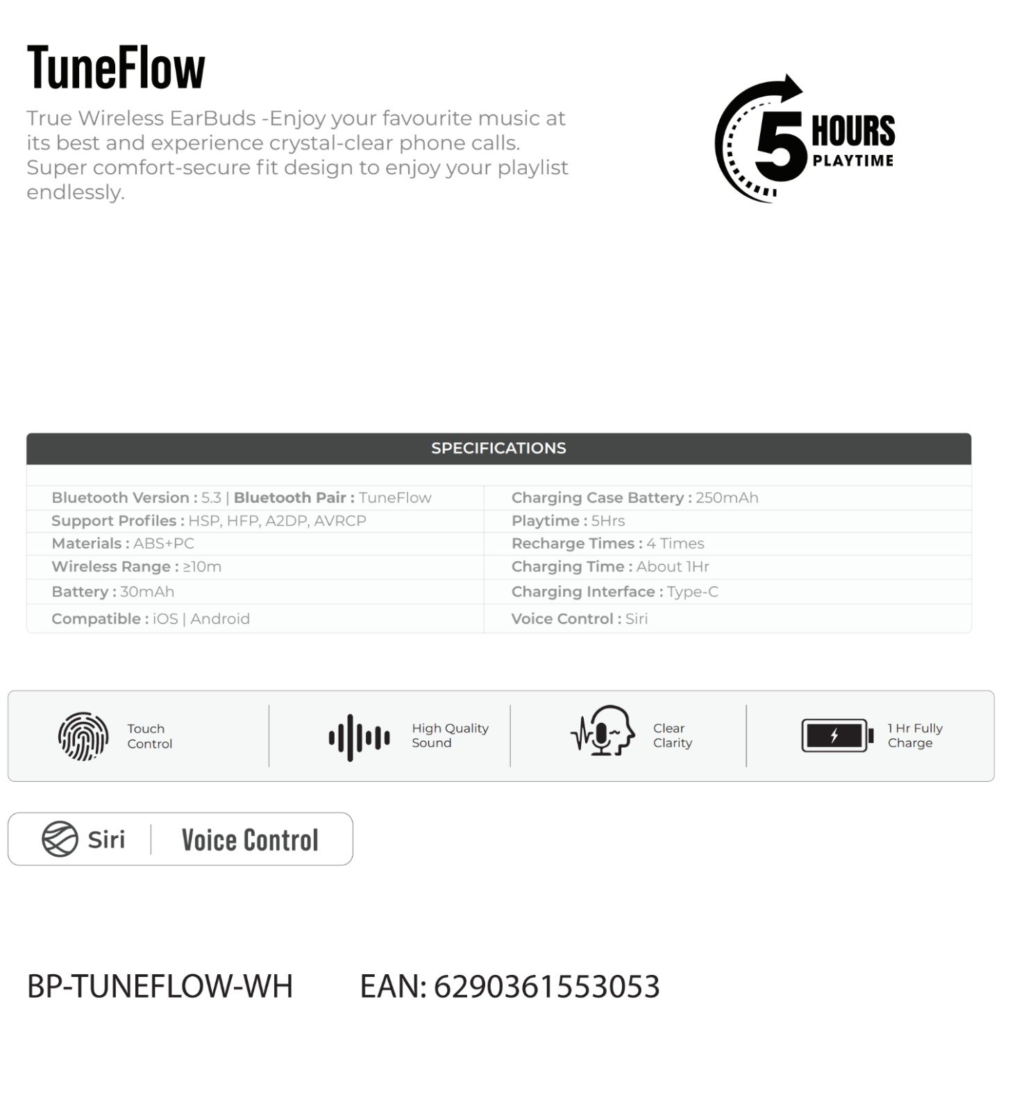 Blupebble TuneFlow True Wireless Earbuds – Crystal Clear Sound, Sleek White Design BP-TWSTUNEFLOW-WH thumbnail 11