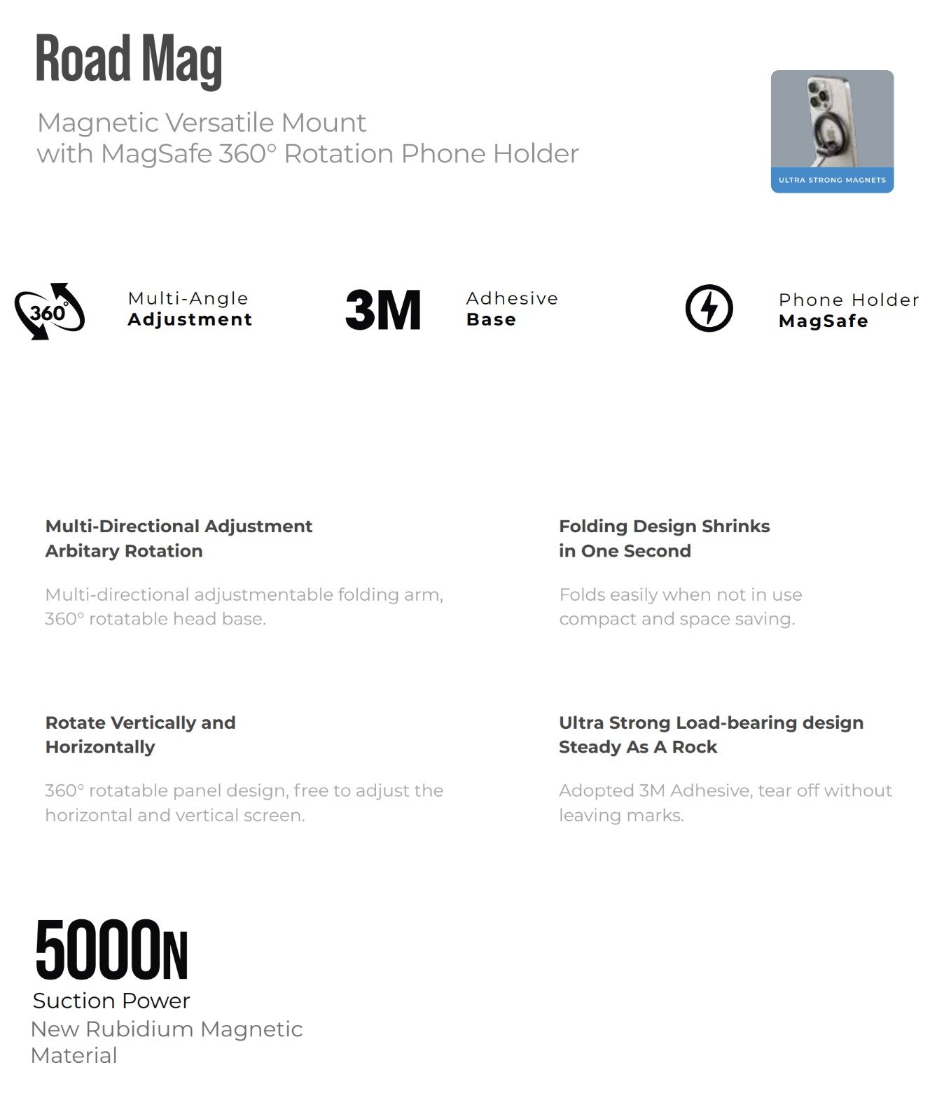 Blupebble Road Mag Magnetic Versatile Mount with MagSafe | 360° Rotation Phone Holder - Black BP-ROADMAG-BK thumbnail 3