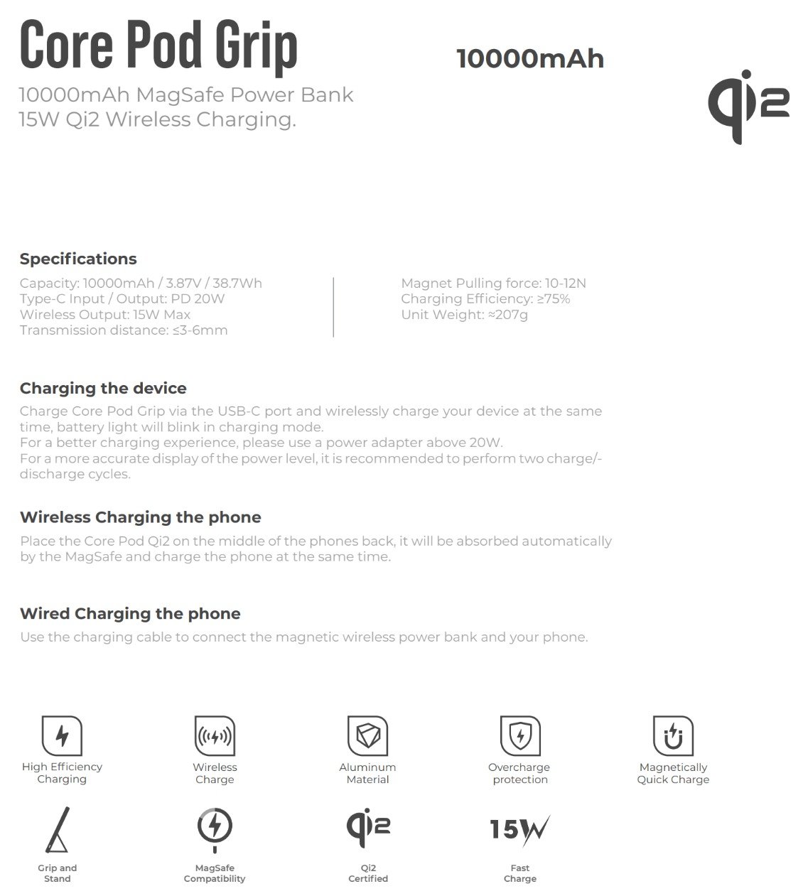 Blupebble 15W Qi2 Core Pod Grip MagSafe Power Bank Black BP-CPGRIP-BK thumbnail 6