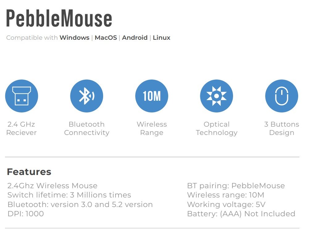 Blupebble Pebble Wireless Mouse 1000 DPI Dual Mode Black BP-PEBBLEMOUSE1-BK thumbnail 5