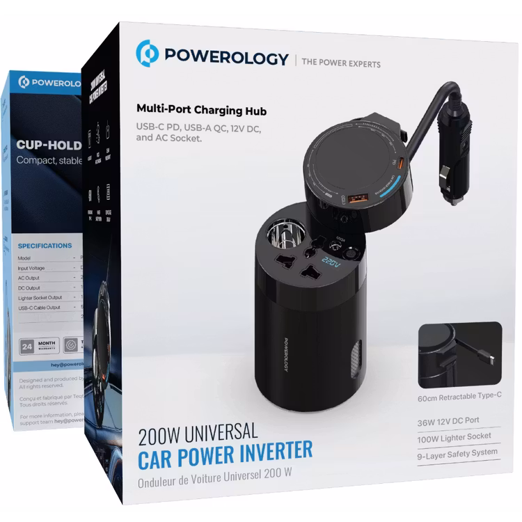 POWEROLOGY 200W UNIVERSAL CAR POWER INVERTER BLACK PWCPI200WBK thumbnail 4