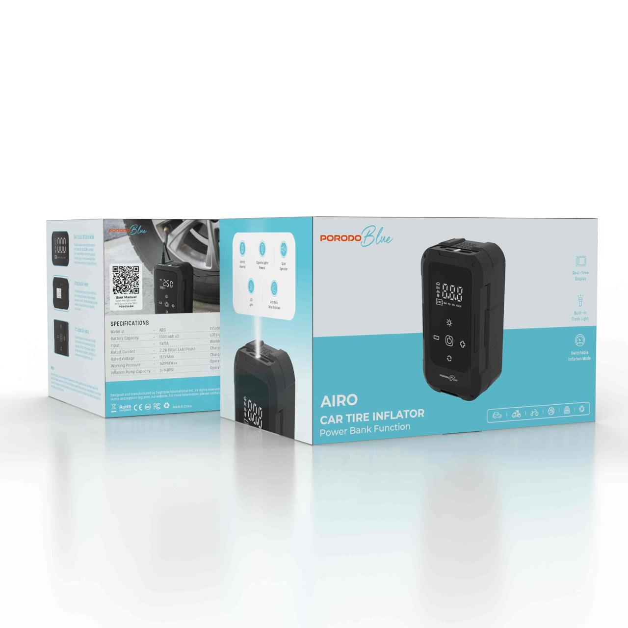 PORODO BLUE AIRO CAR TIRE INFLATOR BLACK PB905ABK