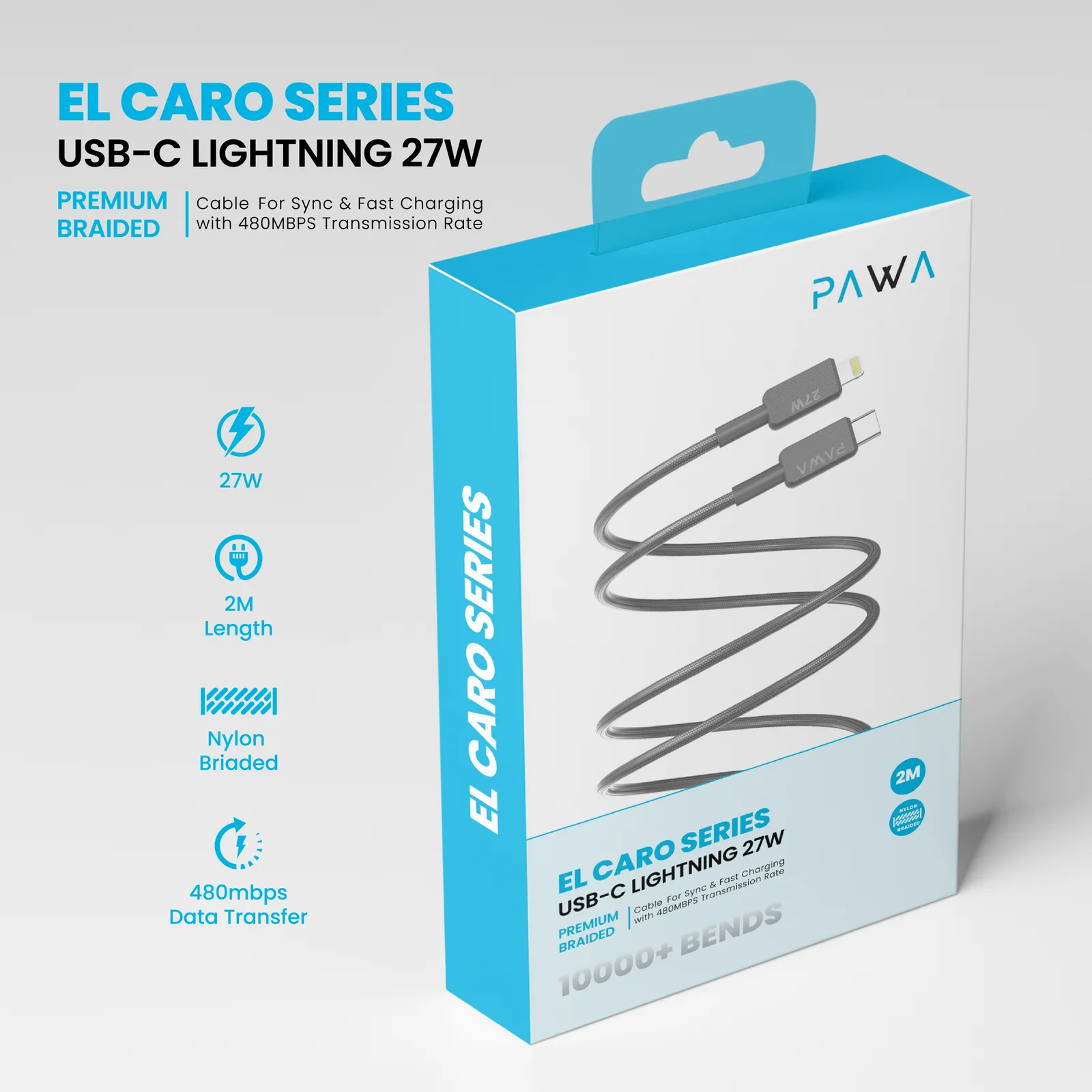 PAWA EL CARO SERIES USB C TO LIGHTNING 27W PREMIUM BRAIDED CABLE 2M GREY PW-20BD27CL-GY thumbnail 3