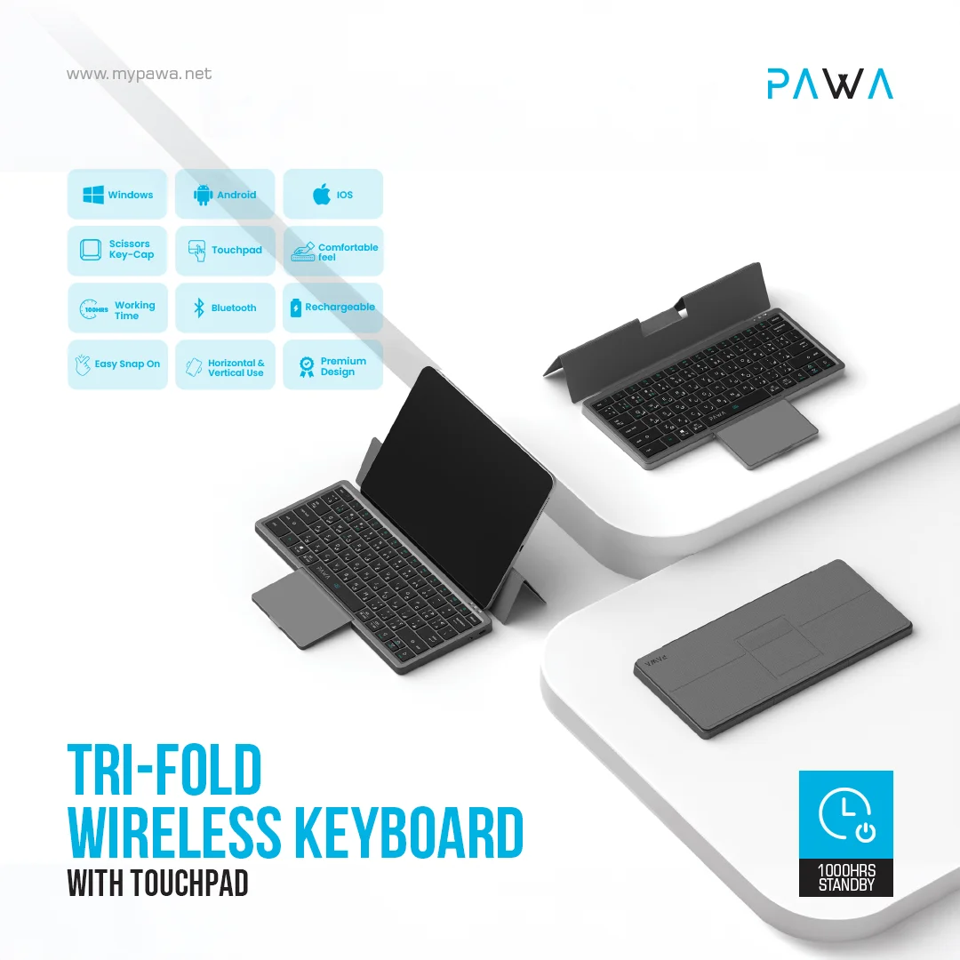 PAWA TRI FOLD WIRELESS KEYBOARD WITH TOUCHPAD GREY PW-PKW2T5F1-GY thumbnail 3