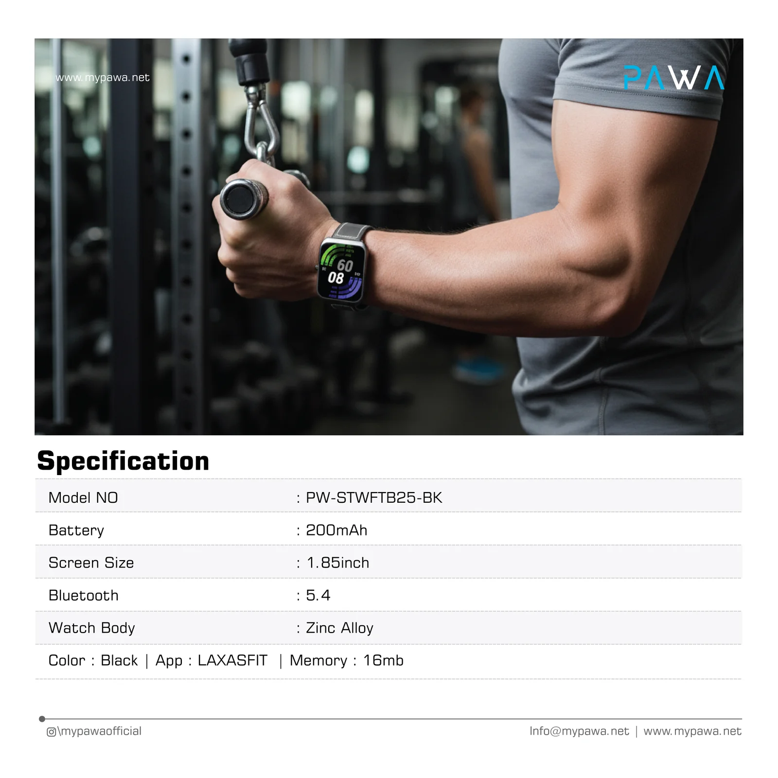 PAWA VERTEX SMART WATCH WITH 1.85 INCH CURVED DISPLAY BLACK PW-STWFTB25-BK thumbnail 3