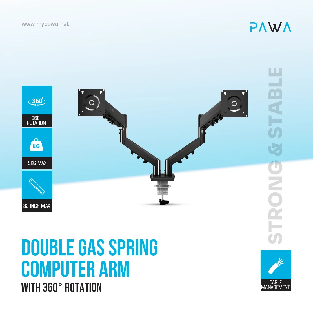 PAWA DOUBLE GAS SPRING COMPUTER ARM WITH 360 DEGREE ROTATION BLACK PW-CASGSM54-BK thumbnail 4