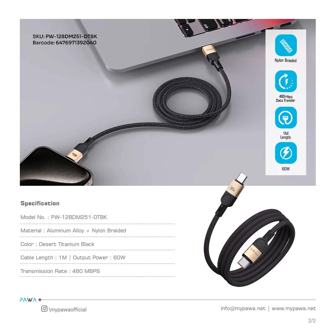PAWA LEVIN MAGNETIC BRAIDED USB C TO USB C 60W CABLE 1M DESERT BLACK PW-12BDM251-DTBK thumbnail 4