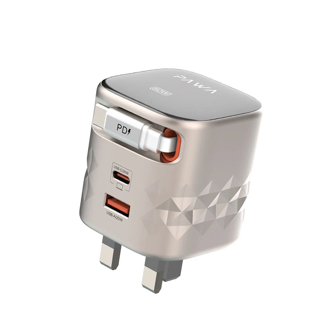PAWA RETRO 50W UK CHARGER WITH TYPE-C RETRACTABLE CABLE TITANIUM BLACK PW-TAR50ACT-TTBK