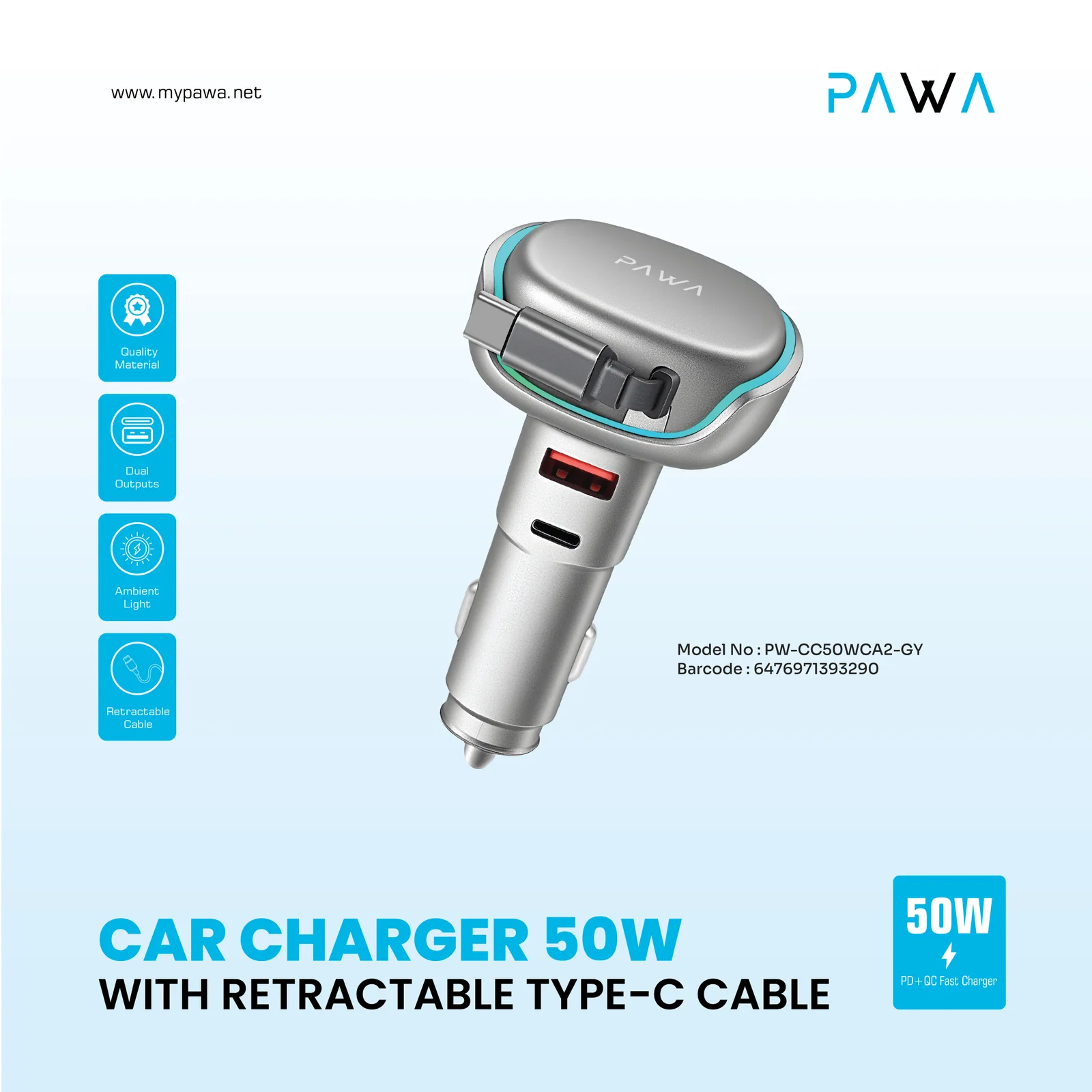 PAWA CAR CHARGER 50W WITH RETRACTABLE TYPE C CABLE SILVER PW-CC50WCA2-SL thumbnail 3