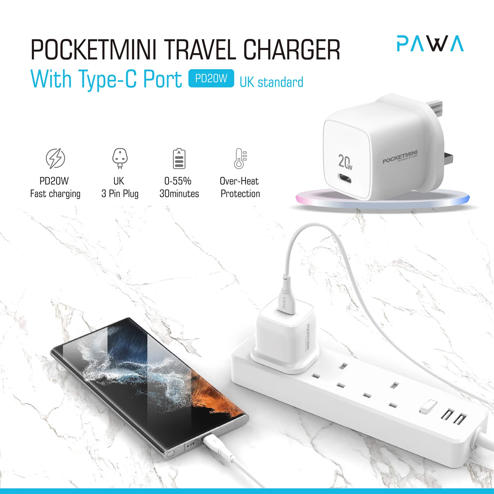 PAWA POCKETMINI TRAVEL CHAGER TYPE C PORT PD20W UK STANDARD WHITE PW-PM120WUK-WH thumbnail 2