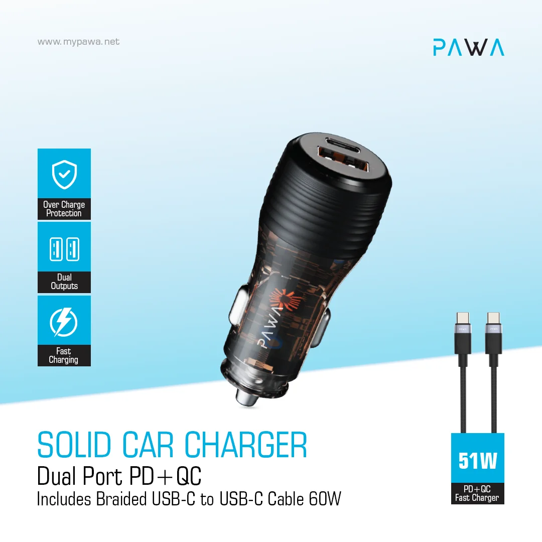 PAWA SOLID CAR CHARGER DUAL PORT PD+QC WITH BRAIDED USB C TO USB C CABLE 51W TRANSPARENT PW-CC51CA1T-TP thumbnail 3