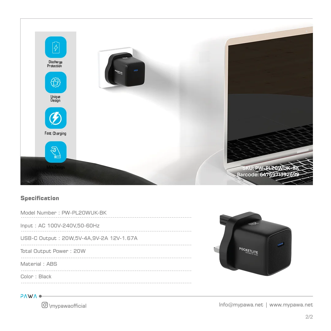 PAWA POCKETLITE TRAVEL CHARGER TYPE C PORT GAN UK STANDARD PD20W BLACK PW-PL20WUK-BK thumbnail 3