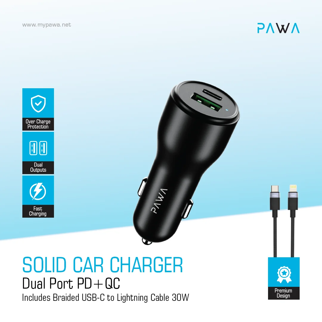 PAWA SOLID CAR CHARGER DUAL PORT PD+QC WITH BRAIDED USB C TO LIGHTNING CABLE 51W BLACK PW-CC51CA5L-BK thumbnail 3