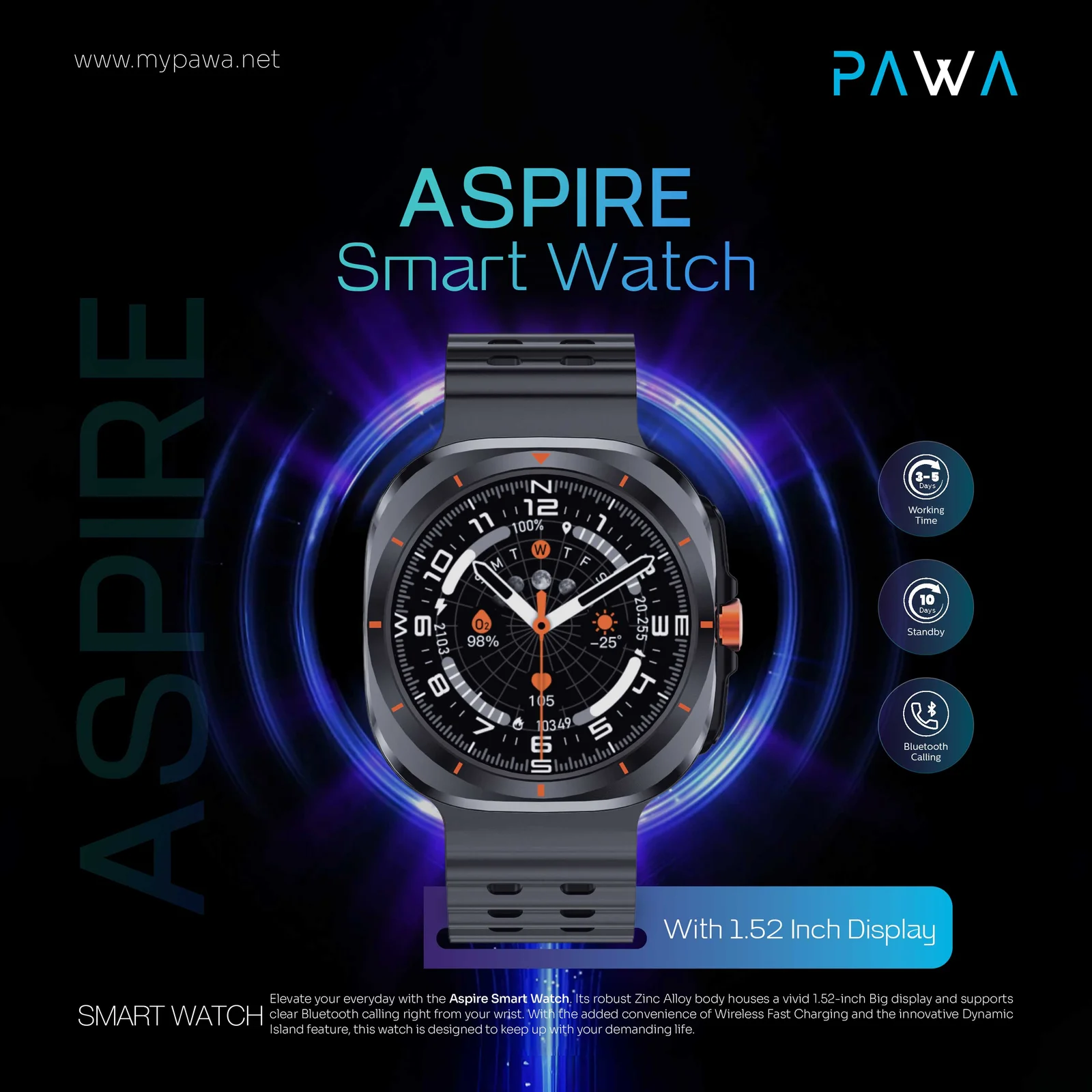 PAWA ASPIRE SMART WATCH WITH 1.52 INCH DISPLAY BLACK PW-STWFTB10-BK thumbnail 4