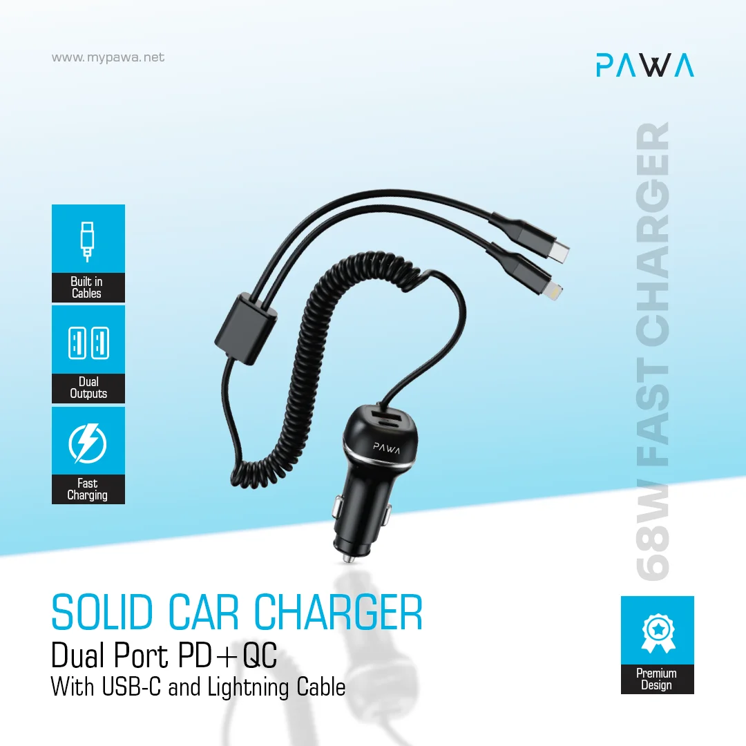 PAWA SOLID CAR CHARGER DUAL PORT PD+QC WITH USB C AND LIGHTNING CABLE 68W BLACK PW-CC68INTL-BK thumbnail 4