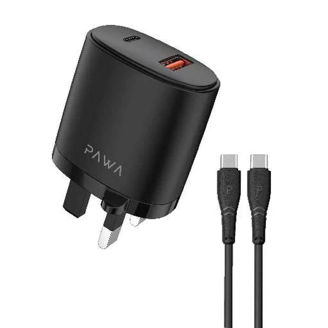 PAWA SOLID TRAVEL CHARGER DUAL PD & QC PORT WITH TYPE-C TO TYPE-C CABLE BLACK PW-PDQC3UKCC-BK