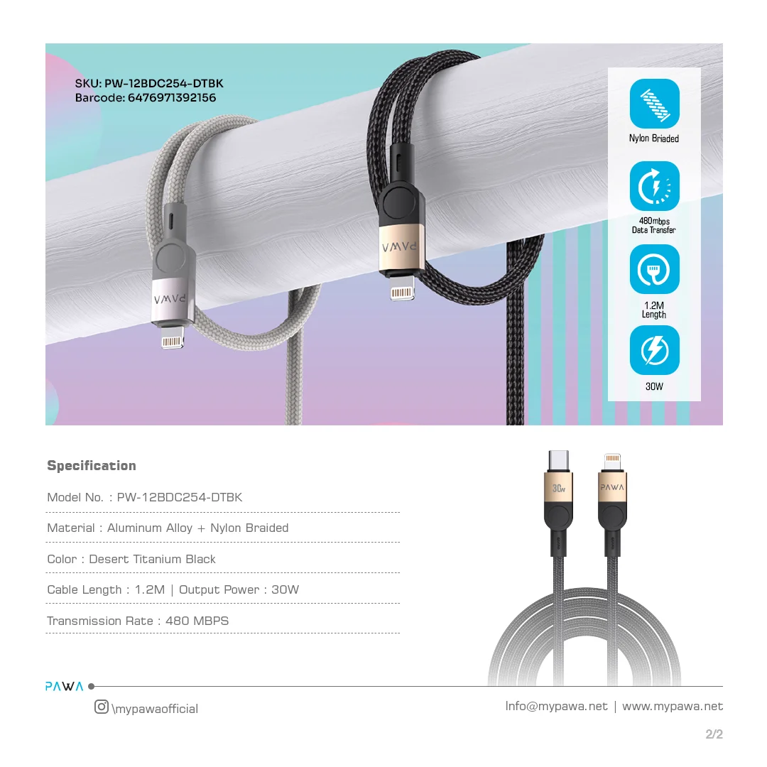 PAWA LEVIN USB C TO LIGHTNING BRAIDED CABLE 1.2M 30W DESERT BLACK PW-12BDC254-DTBK thumbnail 4