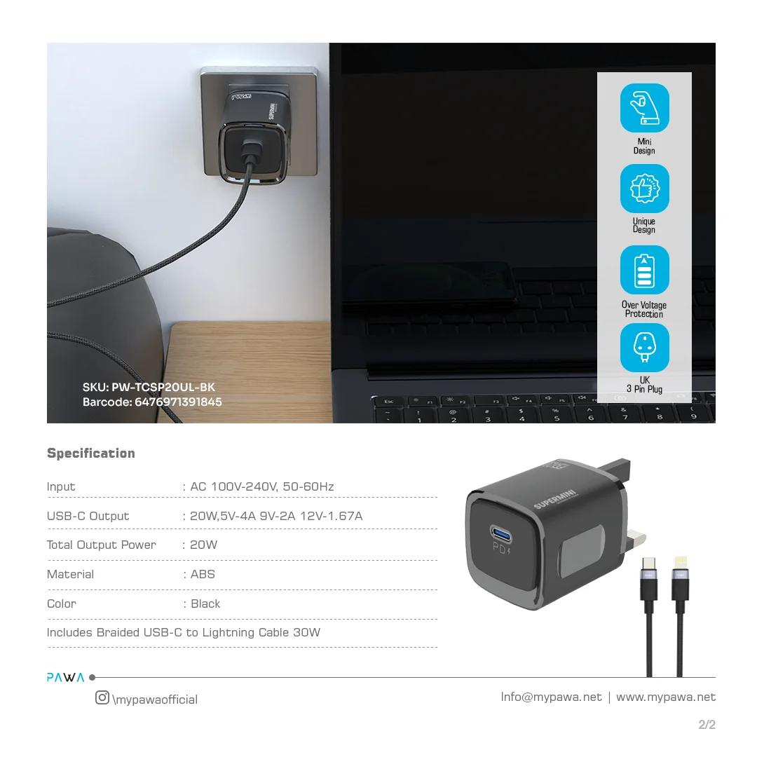 PAWA SUPERMINI TRAVEL CHARGER TYPE C PORT PD20 WITH BRAIDED LIGHTNING CABLE BLACK PW-TCSP20UL-BK thumbnail 4