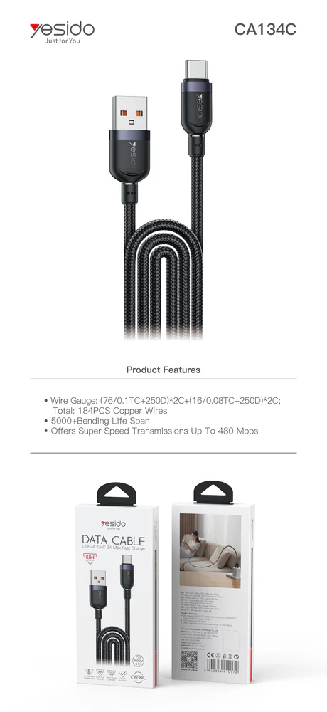 YESIDO 18W USB-A TO USB-C CABLE 3M BLACK CA134C thumbnail 2