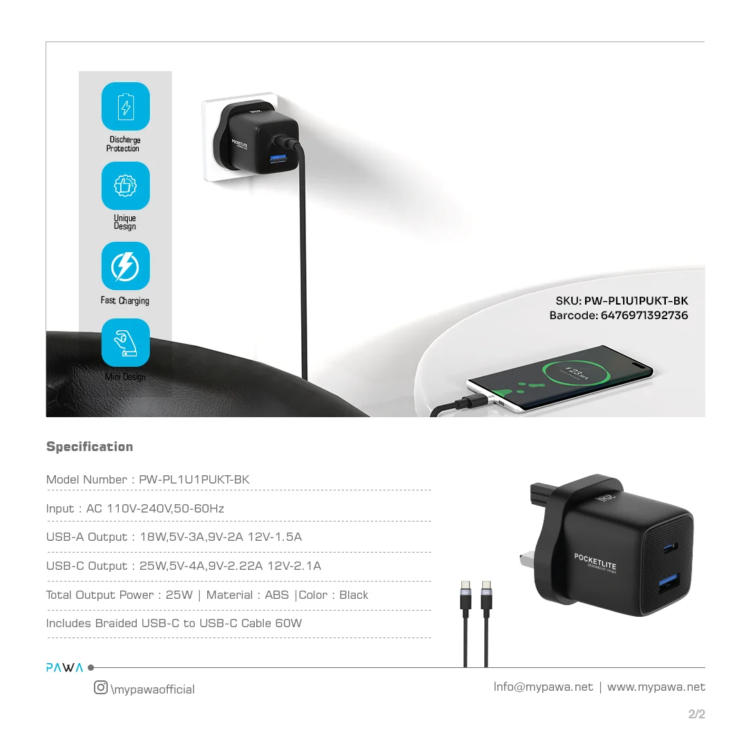 PAWA POCKETLITE TRAVEL CHARGER PD+QC PORT GAN UK STANDARD PD25W USB C TO USB C CABLE BLACK PW-PL1U1PUKT-BK thumbnail 4